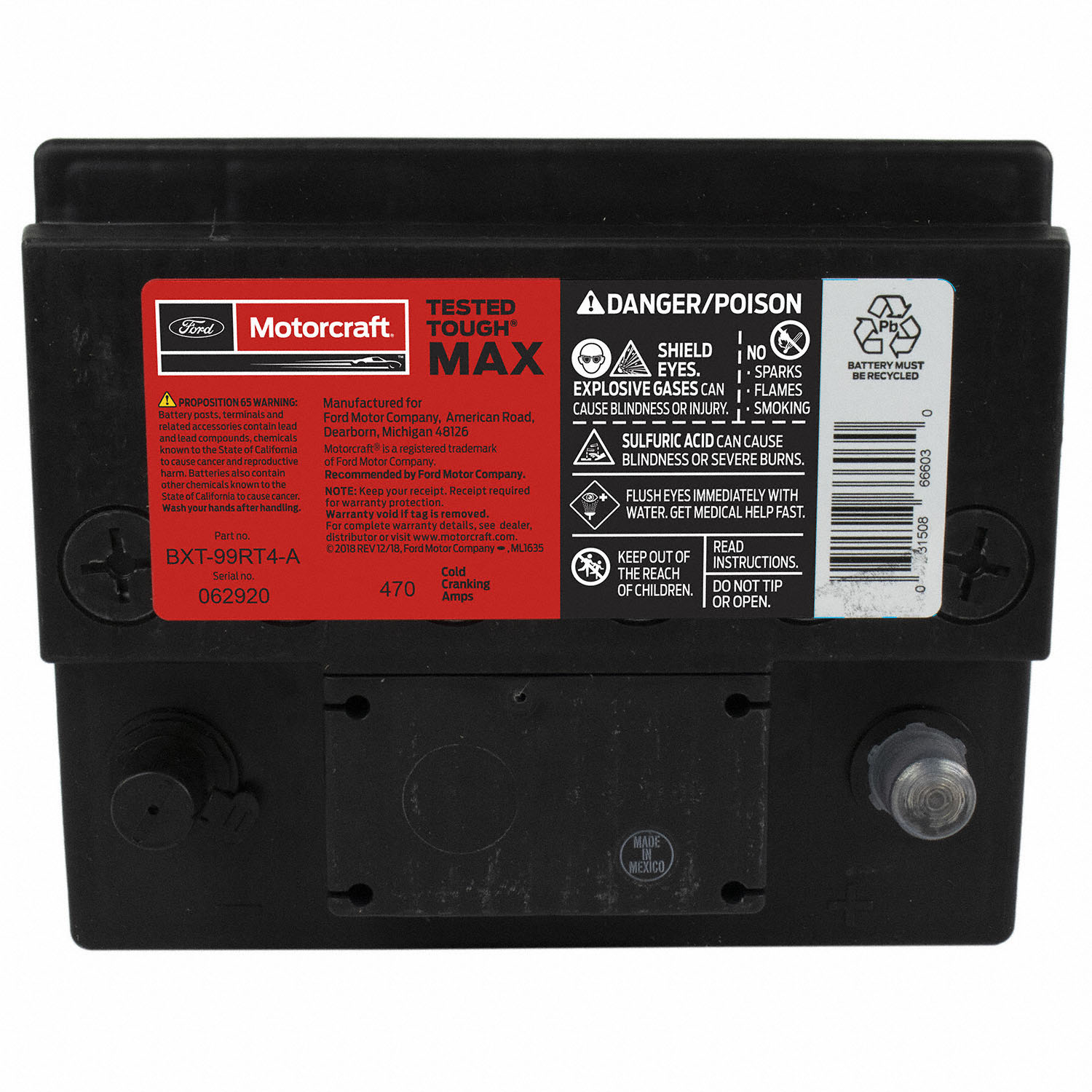 Motorcraft 470 CCA Group Size 99R Vehicle Battery BXT99RT4A | Parts ...